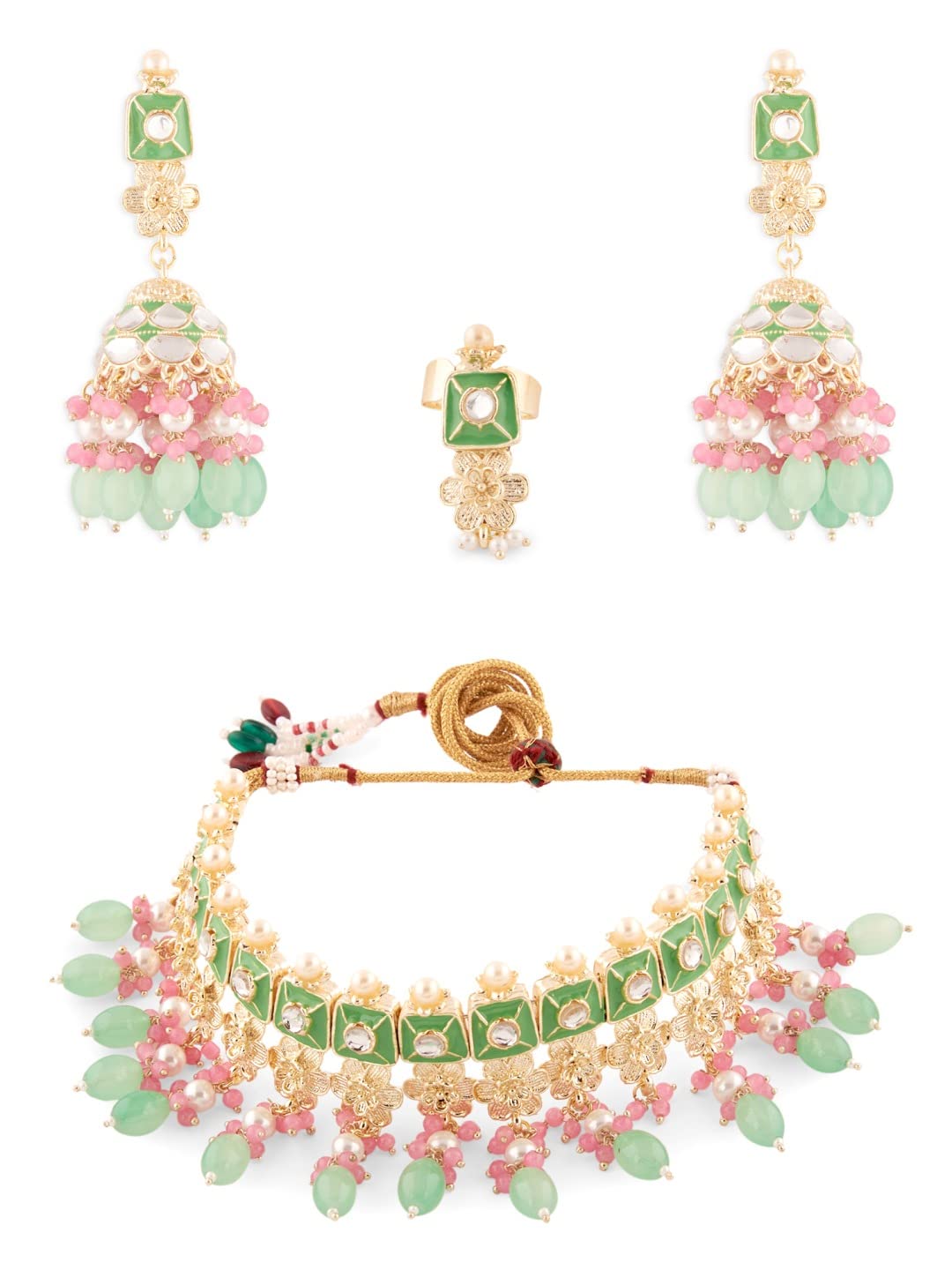ZAVERI PEARLS Pink & Green Meenakari Cluster Beads Kundan Choker Necklace Earring & Ring Set For Women-ZPFK13538 (B09ZHC31S5) Amazon Price History, Amazon Price Tracker