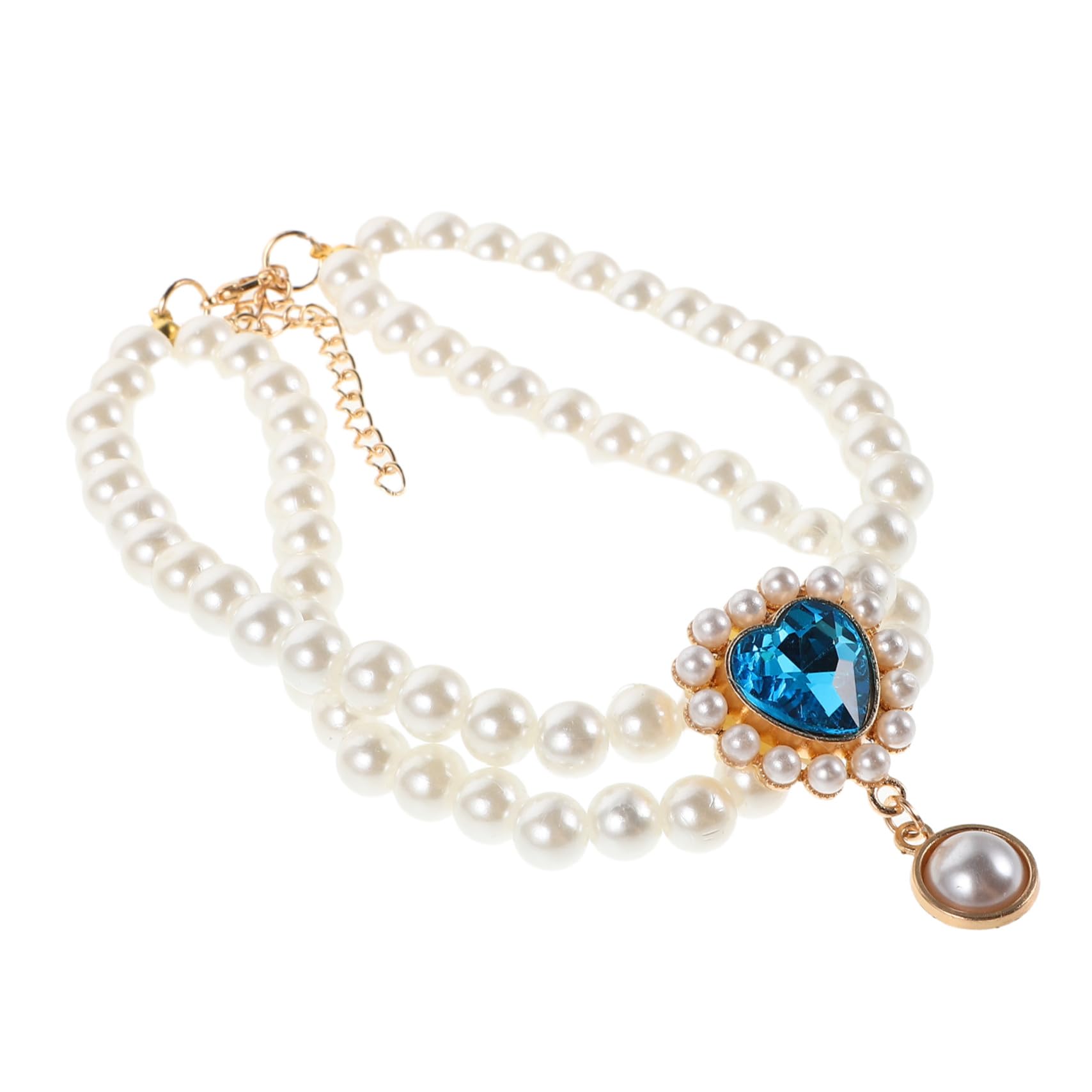 ERINGOGO Adjustable Double-row Pearl Pet Jewelry Collar for Female Puppies with Heart Pendant, Lightweight Plastic and Metal Material, Elegant Princess-style Necklace for Parties