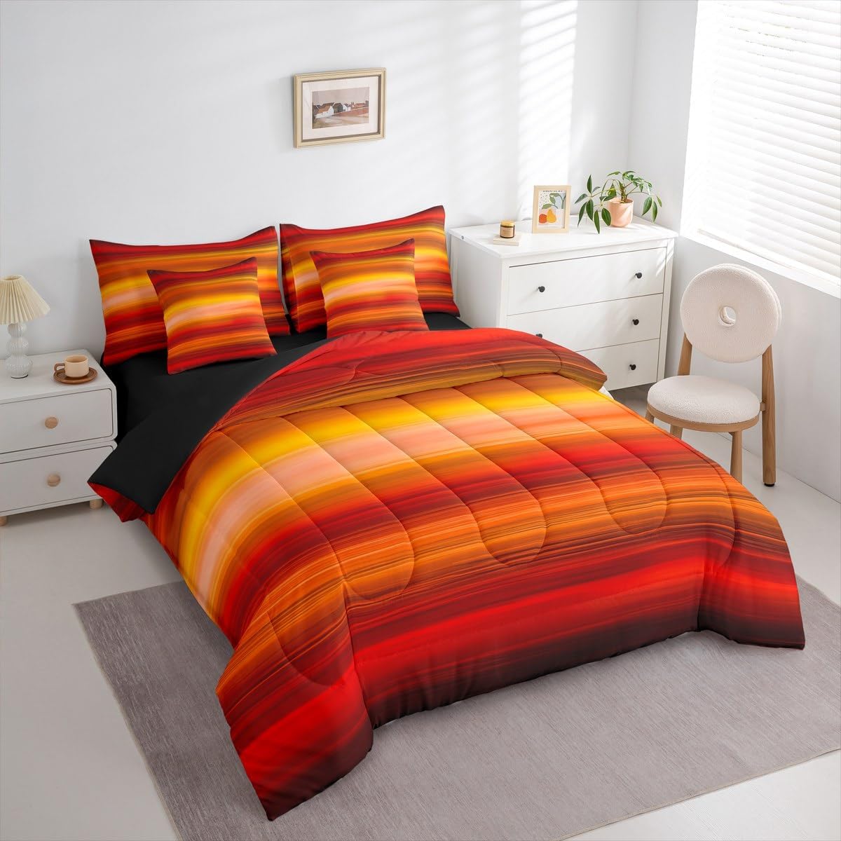 Feelyou Orange Red Print Bedding Set Gradient Orange 7 Piece Bedding Set Romantic Color Comforter Microfiber Yellow Dark Red Bed Set Includes Comforter, Sheet Set, Pillowcases & Pillow Covers Queen