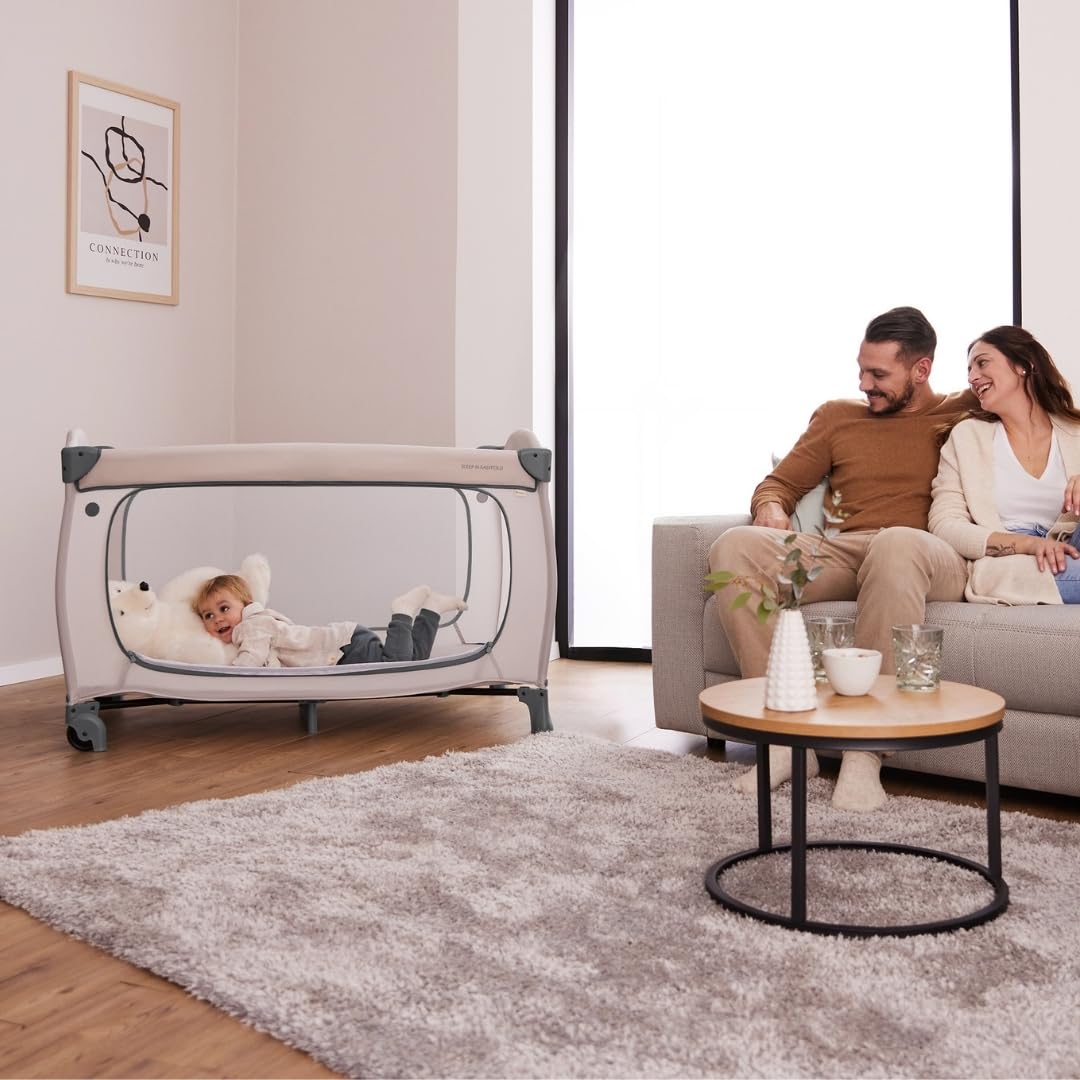 hauck Sleep N Easyfold Baby Reisebett Set- Dark Grey | inkl. Matratze & Insektenschutz | schnell faltbares Kinder Reisebett mit Rollen, Seiteneingang & Transporttasche