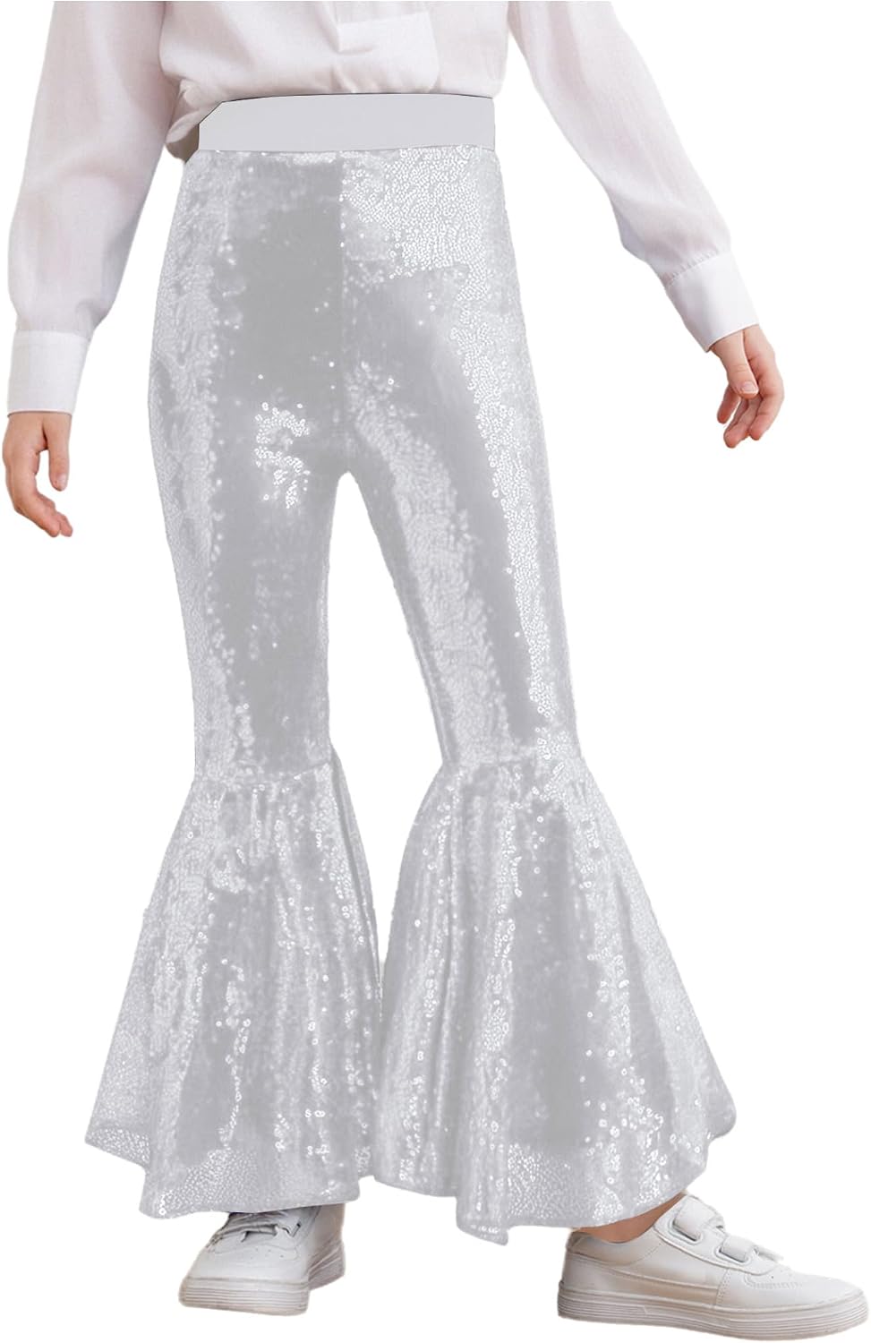 Jhaoyu Kids Girls Jazz Dance Flare Pants Sequins Elastic Waist Bell-Bottom Ballroom Disco Theme Party Trousers