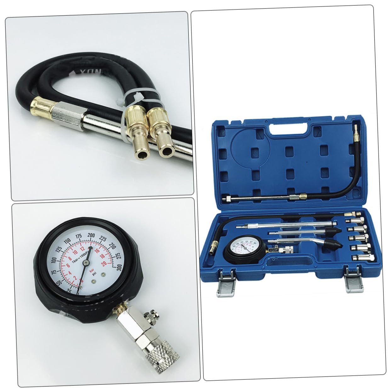 Cabilock Manómetro de Compresión para Motor de Gasolina, 0-300 Psi, Adaptadores Roscados y Conos de Goma para Diagnóstico del Cilindro