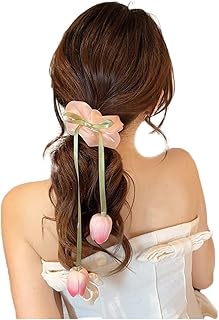 أشرطة شعر على شكل زهرة توليب بنمط الغابة للنساء والبنات على شكل ربطة عنق، اكسسوارات شعر، رباطات شعر، سكارف للمحفظة وشنطة اليد من JKQBUX (بينك سكرانشي/جريديانت بينك توليب)