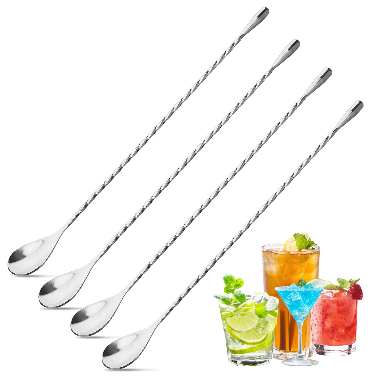 eispap 4Pcs Cocktail Spoon Long Handle Bar Spoon - 12" Metal Spoons Drink Mixers for Cocktails Stainless Steel Spoons Stirring Spoons for Coffee Bar Accessories (4)