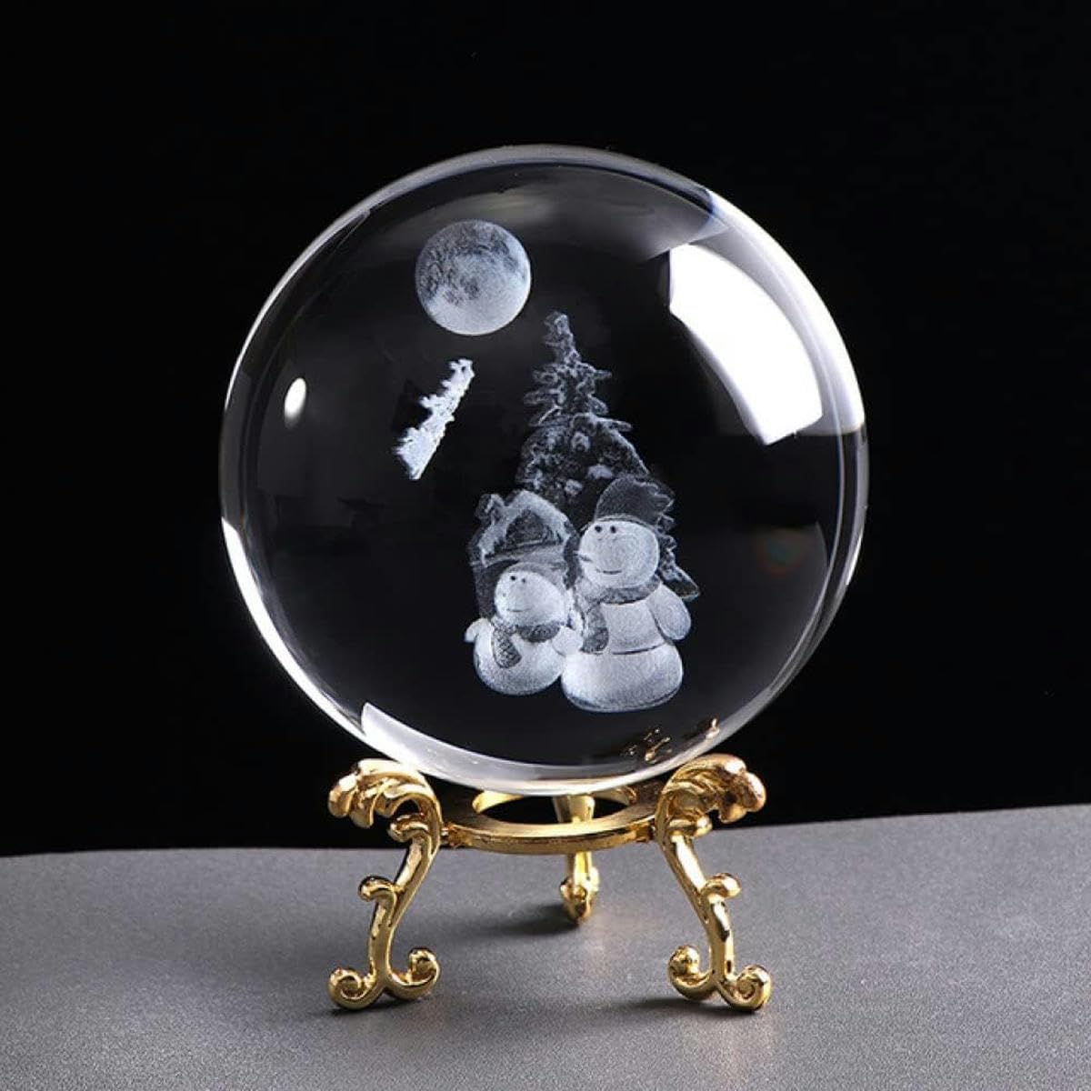 80mm Pupazzo di neve Sfera di CRYSTAL 3D in miniatura Incisione laser Sfera decorativa Globo di vetro Decorazione per la casa Ornamento-Con base dorata-80mm