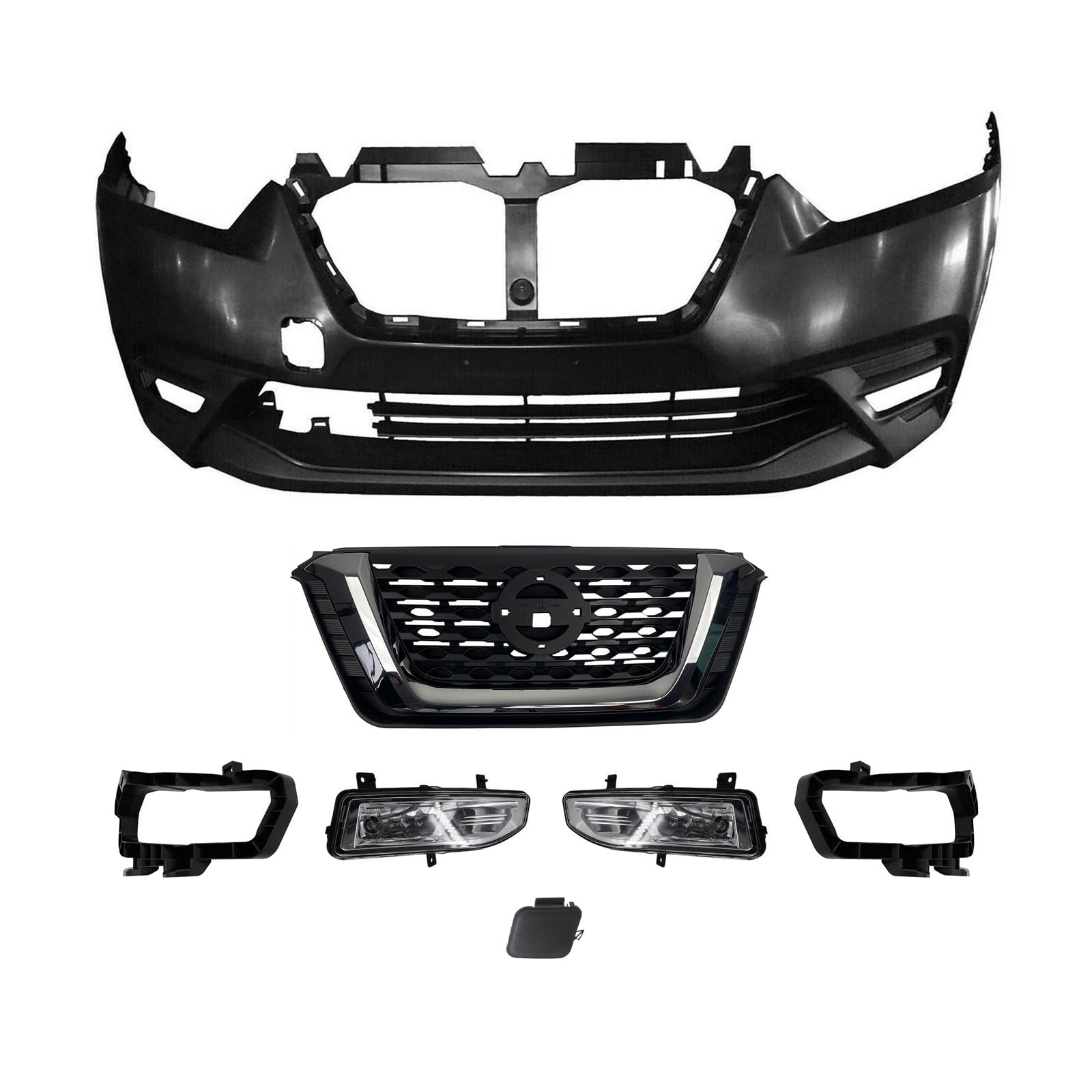 PENSUN Front Bumper Cover Kit For Nissan Kicks 2018-2020 - Includes Grill, Fog Light Covers & Tow Hook Cover (5pc, Black Primed)