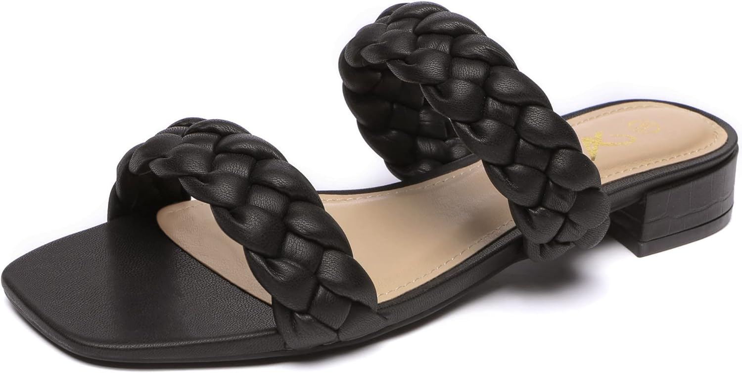 Athlefit Women's Square Open Toe Braided Sandals Slip On Low Block Heel Slide Sandals