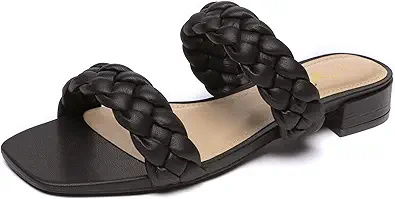 Athlefit Women's Square Open Toe Braided Sandals Slip On Low Block Heel Slide Sandals