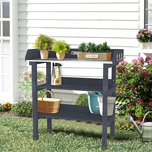 Elevens Outdoor Potting Bench Tables With Wheels,Planting Bench Potting Table With Drawer And Hooks For Patio Yard Lawn(Grey) #TOP6