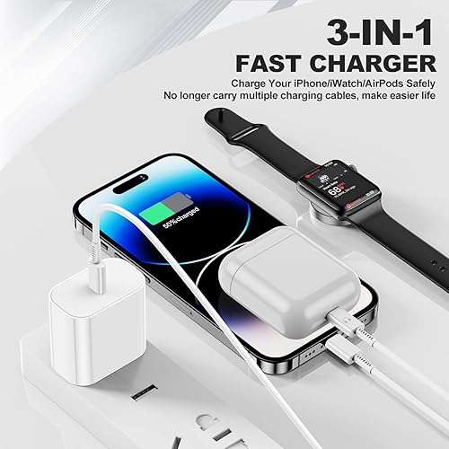 Miniatura 2 de Apple Watch Charger USB C para Apple Watch y iPhone, cable magnético de carga rápida 3 en 1 iWatch de 6 pies con adaptador de cargador rápido de 20