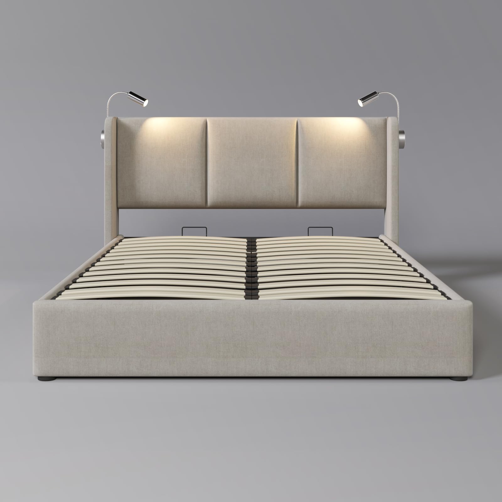 FEEOHOME Letto contenitore 160 x 200 cm, letto matrimoniale con vano contenitore idraulico e rete a doghe, Letti imbottito con luce di lettura per adolescenti e adulti, Lino beige