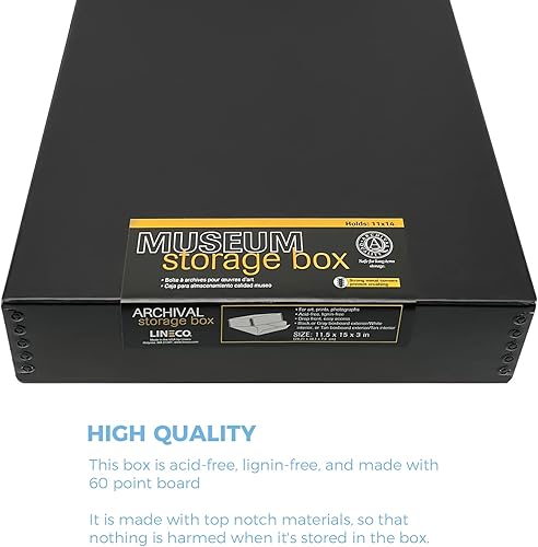 Miniatura 3 de Lineco Caja de almacenamiento negra de museo de 11 x 14 pulgadas, diseño frontal caído, 11 12 x 15 x 3 pulgadas. Sin ácidos con borde metálico.