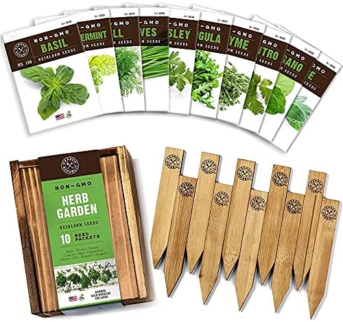 Herb Garden Seeds for Planting - 10 Culinary Herb Seed Packets Kit, Non GMO Heirloom Seeds, Plant Markers, Wood Gift Box - Home Gardening Gifts for Gardeners