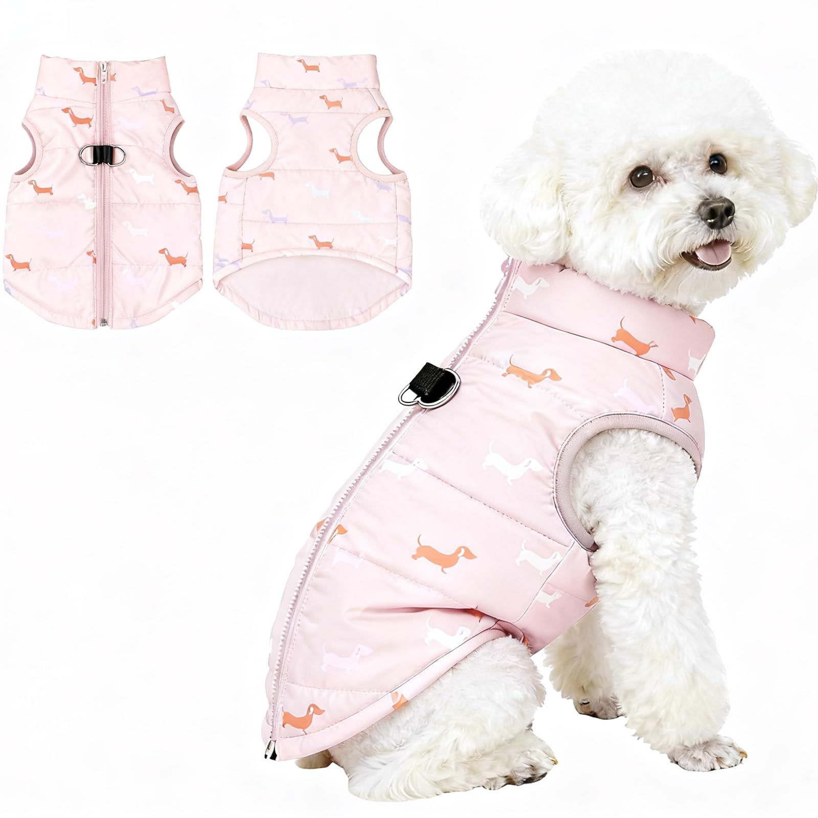 Asmea Dog Coat Warm Dogs Jacket Harness with D-ring Water-resistant Puppy Coats for Cold Weather Christmas Dog Clothes Winter Small Dogs Coats Dachshund Coat Beige L — image 1