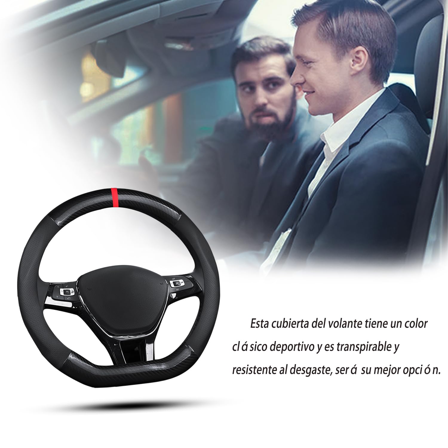 Ergocar Funda Volante De Coche Antideslizante Volante De Coche Protector Forma De D Fibra de Carbono & Cuero PU Para Diámetro 38cm (15 ") (Negro)