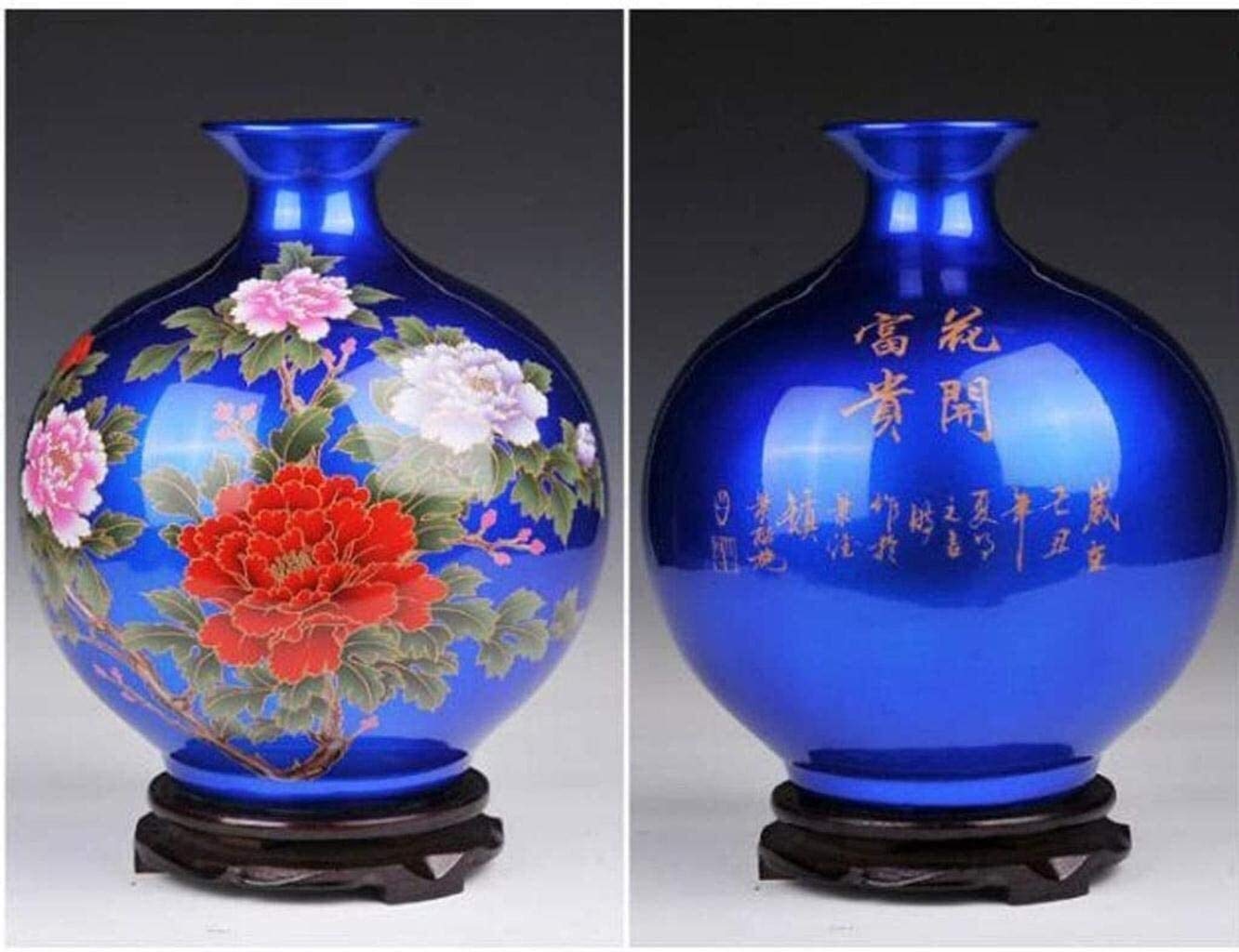 Vasen Vase aus Keramik, handgefertigt, mit Pfingstrosenmuster auf dem Sockel, kann im Arbeitszimmer, Hotel, Dekoration for Blumen platziert Werden (blau, 27 x 24 cm)