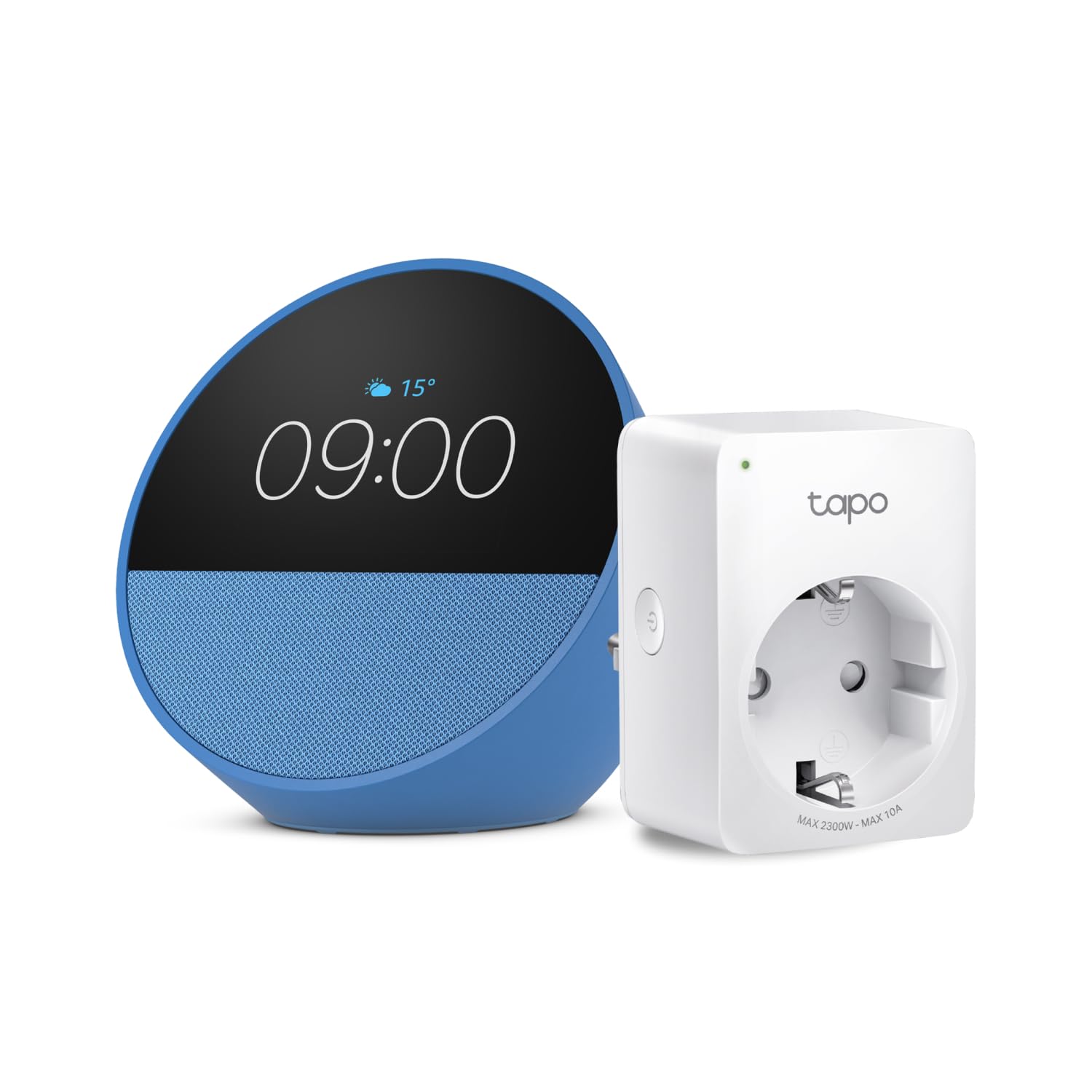 Echo Spot | Azul + Tapo P100MA - Matter Mini Enchufe Inteligente, compatible con Alexa - Kit de inicio de Hogar digital