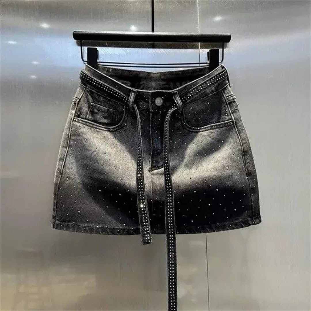 Women’S High Waist Denim Mini Skirt Vintage Rhinestone A-Line Cut