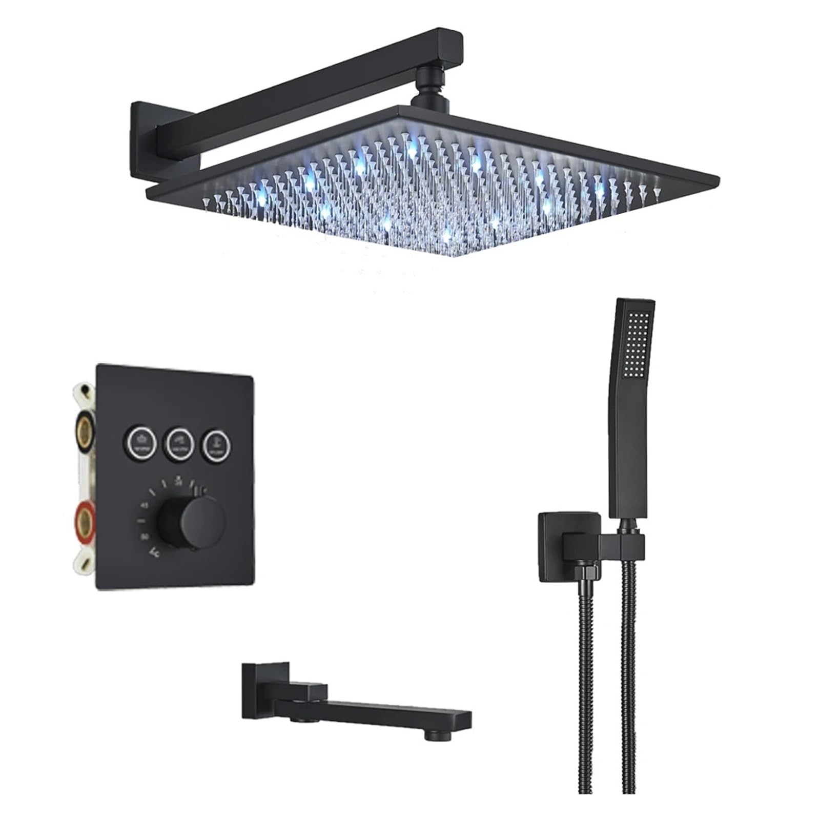 Robinet de douche thermostatique LED avec ciel de pluie cascade et hydromassage