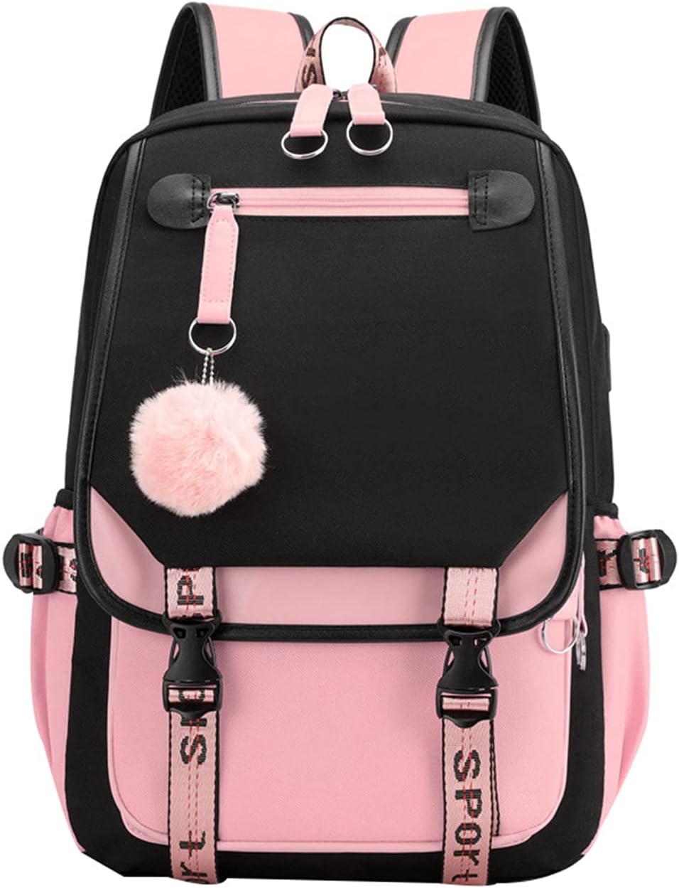 Teenage Girls' Backpack Middle School Students Bookbag Outdoor Daypack with USB Charge Port (21 Liters, Black Pink)