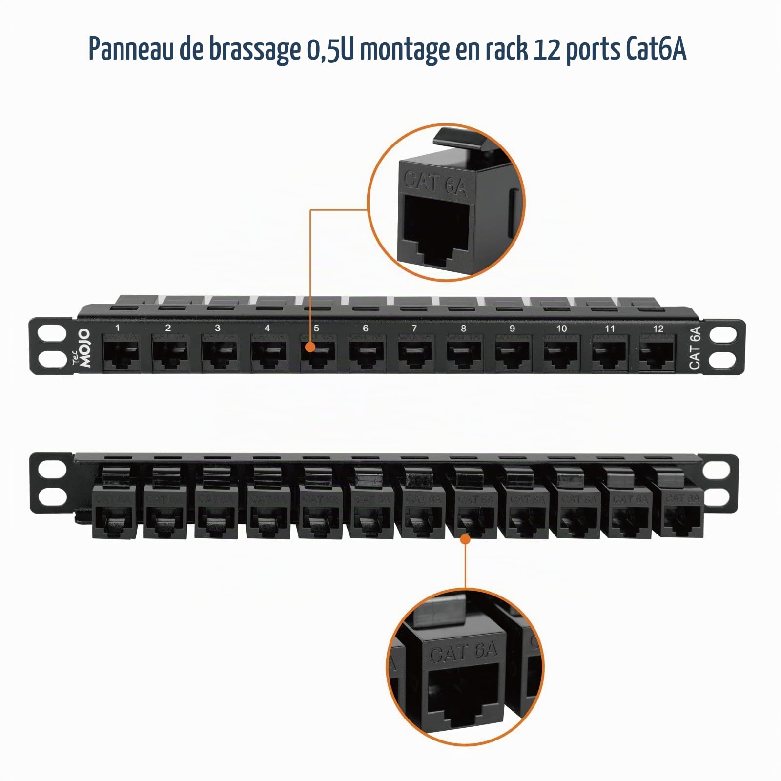 Tecmojo Panneau de Brassage 0,5U 10 Pouces 12 Ports Cat6A, Module de Montage en Rack avec Connecteurs Keystone RJ45, 10 Gigabit Ethernet, Noir