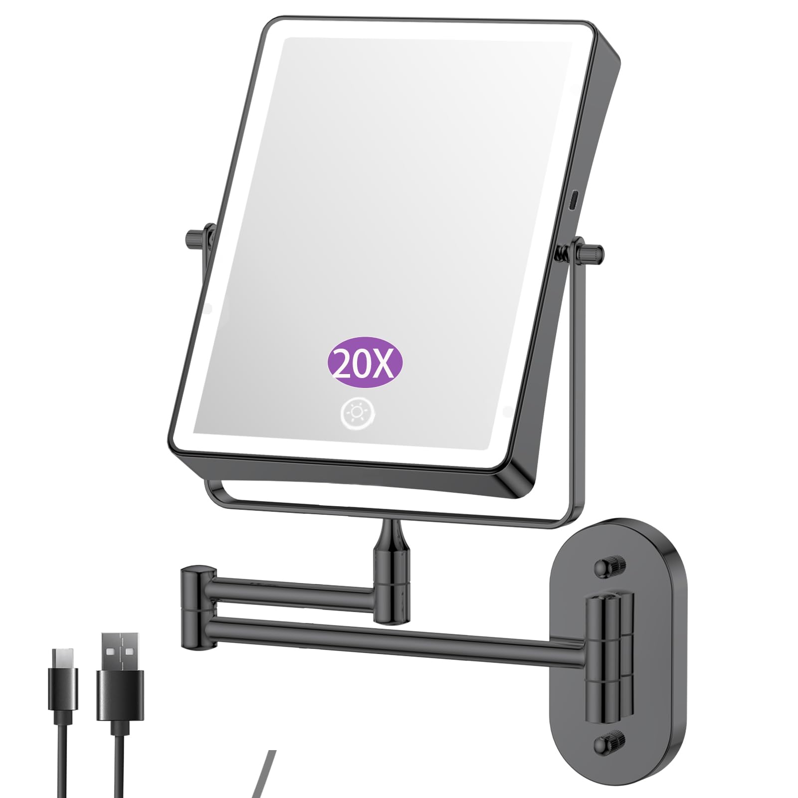 Auxmir Miroir Grossissant Mural X20 Lumineux LED - Miroir Maquillage 1X/20X Avec 3 Modes Couleur, Pivotant 360° Extensible
