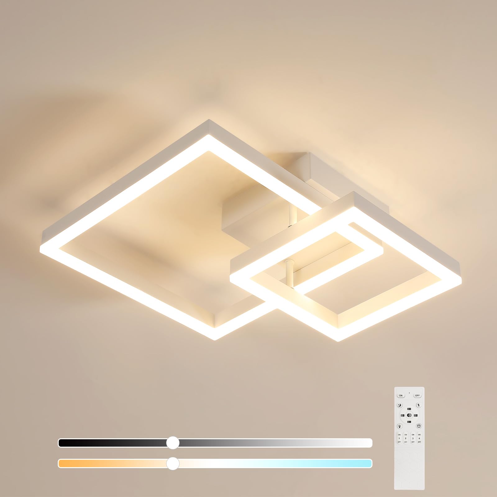 Plafoniera LED Soffitto Dimmerabile, 36W 4050LM Lampadario LED Soffitto con Telecomando 3000K-6500K, Moderna Plafoniera Quadrata per Camera da Letto Soggiorno Cucina Corridoio, Bianco, 52*42*12CM
