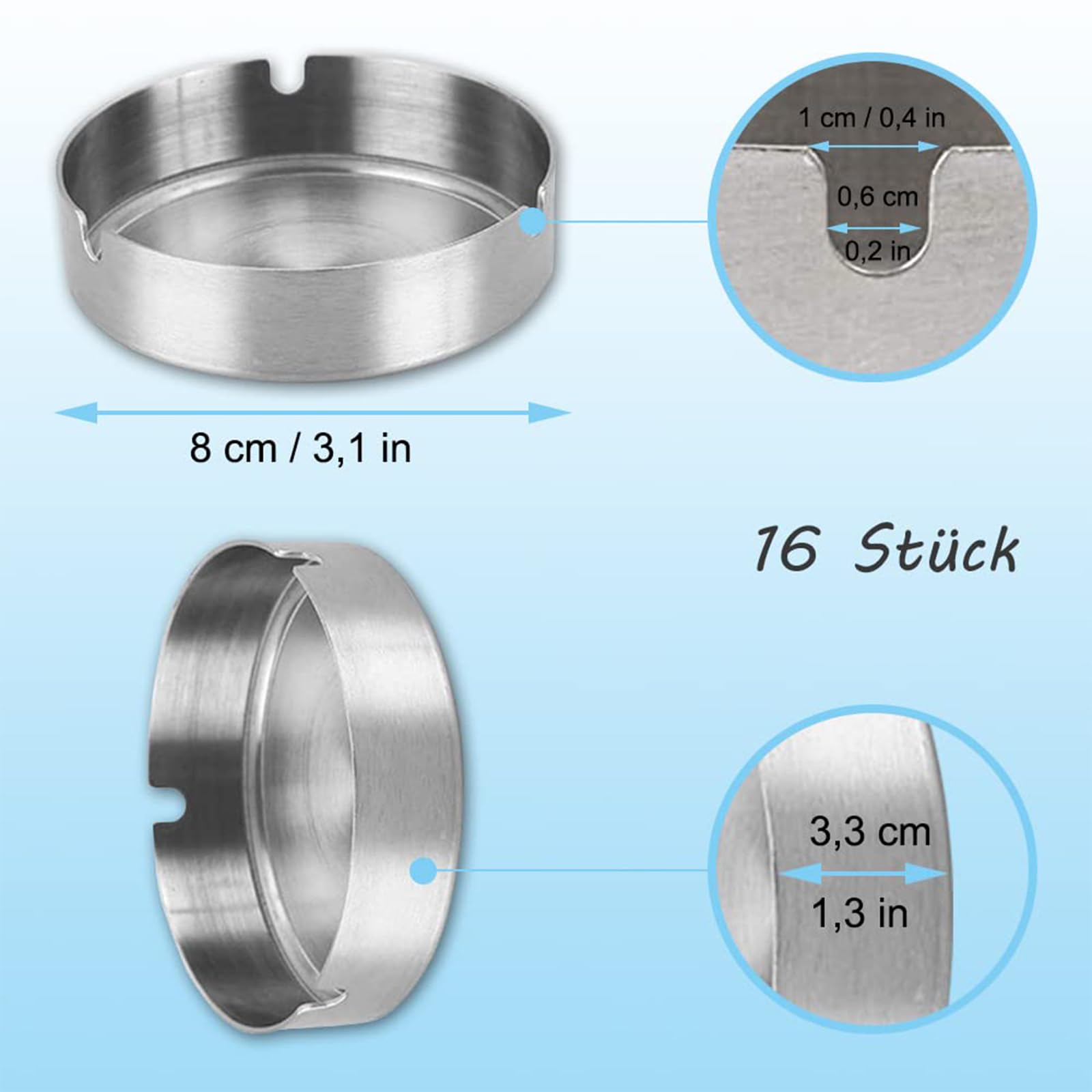 Posacenere Moderno in Acciaio Inox, 16 Pezzi Rotondi 8cm/3,1in da Tavolo e Balcone, Circolare per Interni ed Esterni