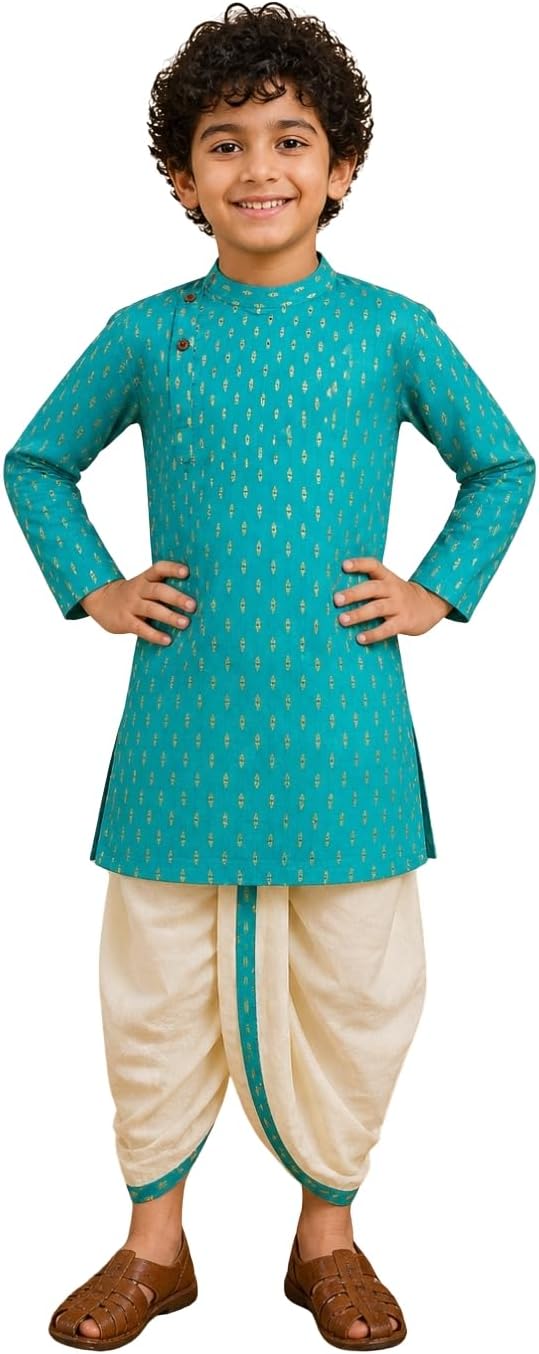 Boy's Cotton Kurta with Dhoti - Golden Thread Work, Side Button Kurta Set for Ethnic Wear