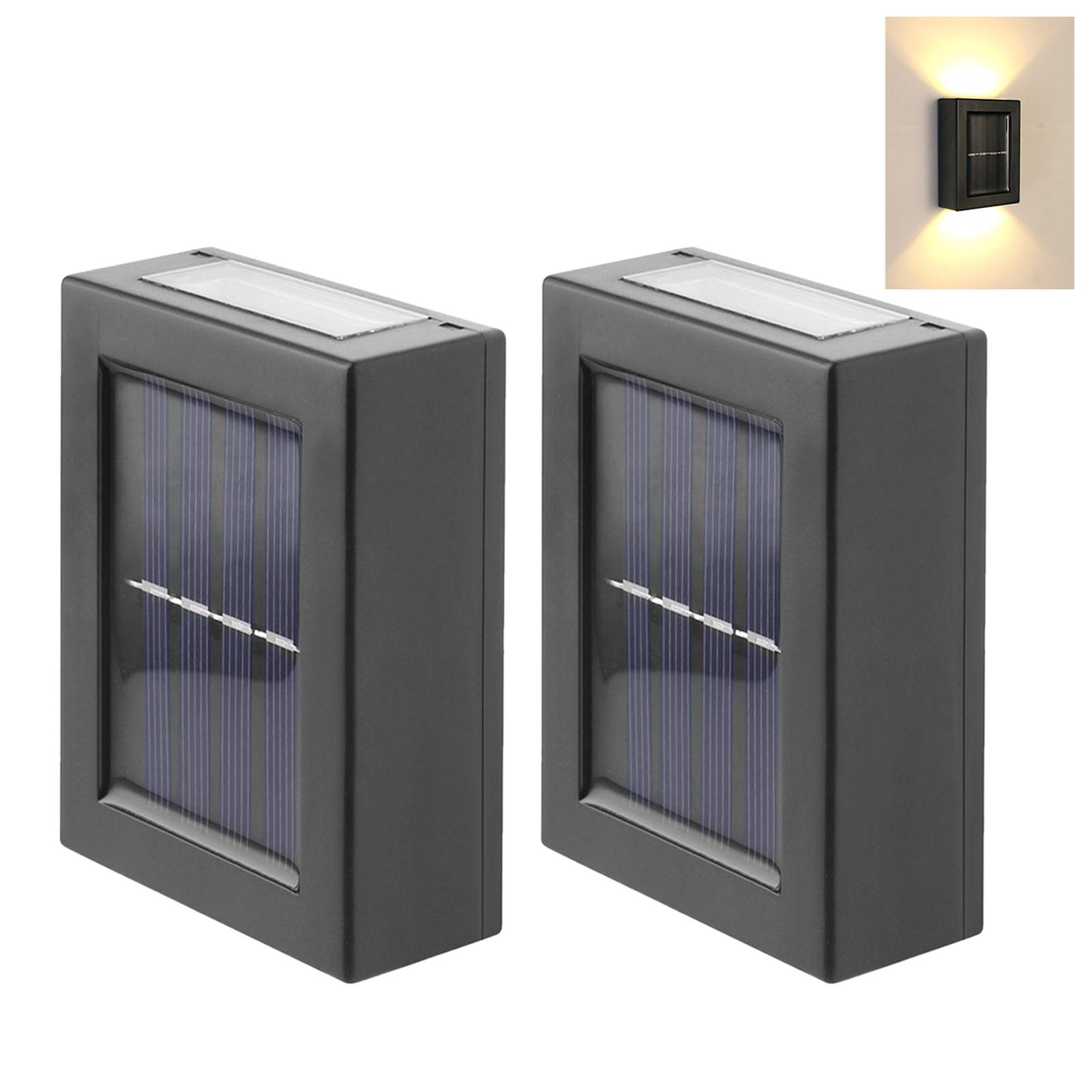 CALIDAKA Paquete de 2 lámparas solares LED de pared, lámparas de pared de seguridad para exteriores, impermeables IP65, luces solares solares para vallas, luces solares LED de pared para el hogar,