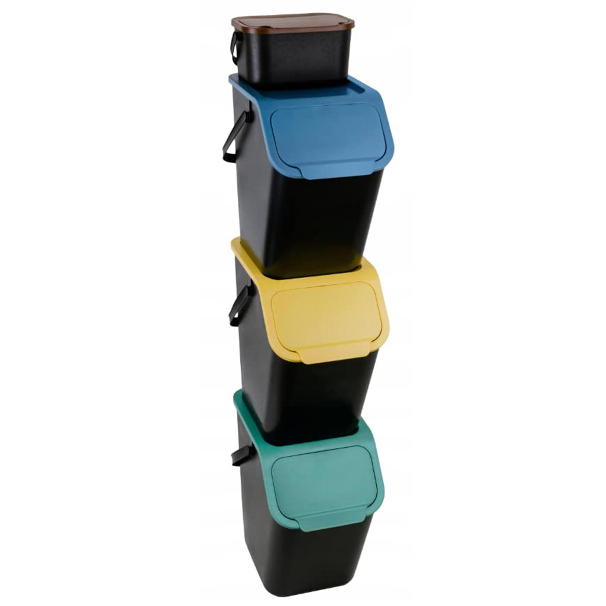 Küchen Mülleimer Set 4 Stück: 3x 25L + 1x 4,5L mit Deckel, Mülltrennsystem, Abfallbehälter zur Trennung, Click-Funktion, Robuster, Kunststoff, Recycling Müllbehälter