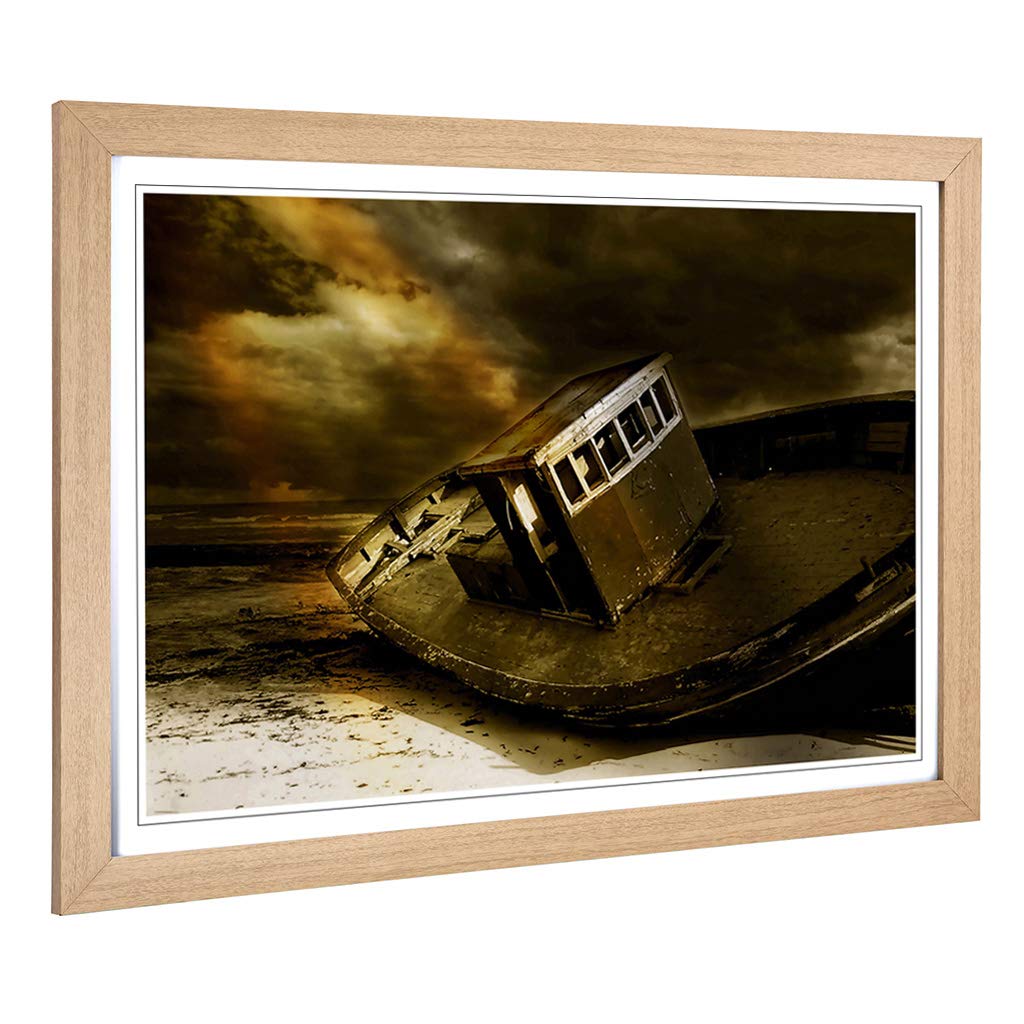 Big Box Art Framed Print of Stranded Boat Wreck on Beach (2) Design | Wall Art Picture | Home Decor for Kitchen, Living Room, Bedroom, Hallway, Oak, A2 / 24.5x18 Inch / 62x45cm