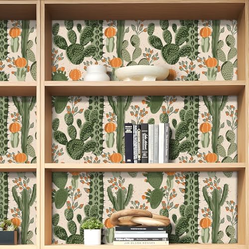 FunStick 17.5"x354" Green Cactus Peel and Stick Wallpaper Boho Orange Floral Contact Paper Self Adhesive Succulents Plant Beige Wall Paper for Kitchen Kids Room Accent Wall Mural Renter Friendly Vinyl by FunStick - Used condition - Image 5