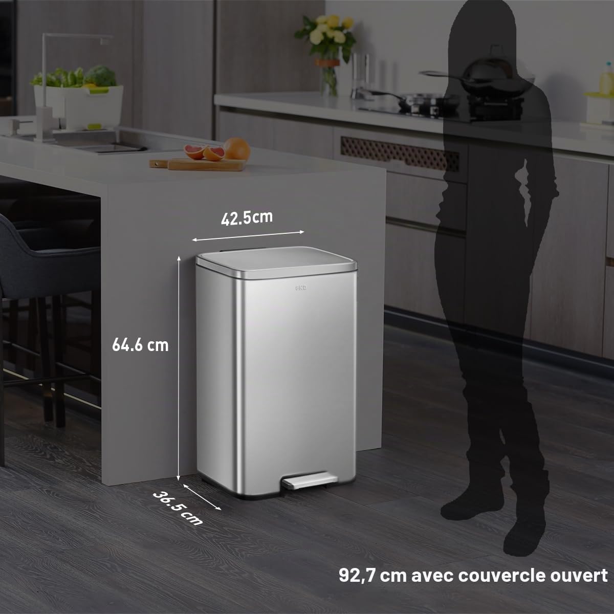 EKO Poubelle Cuisine Madison 50L avec Pédale | Grande Capacité | Inoxydable Anti-Traces | Fermeture Ralentie Silencieuse Salle Bain