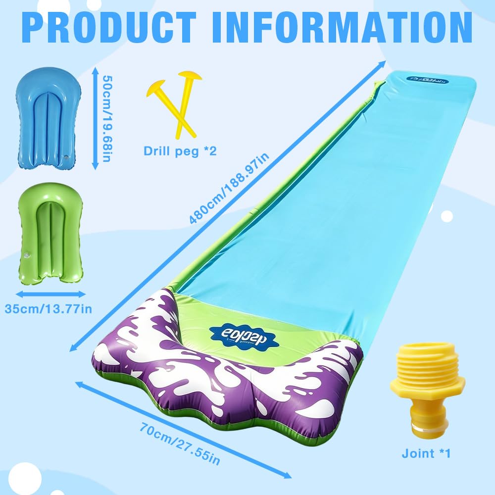 Scivoli d'acqua da 480 cm e 2 bodyboard, scivolo d'acqua per bambini, scivolo estivo per prato con irrigatore e piscina per bambini, adulti, cortile all'aperto (blu)