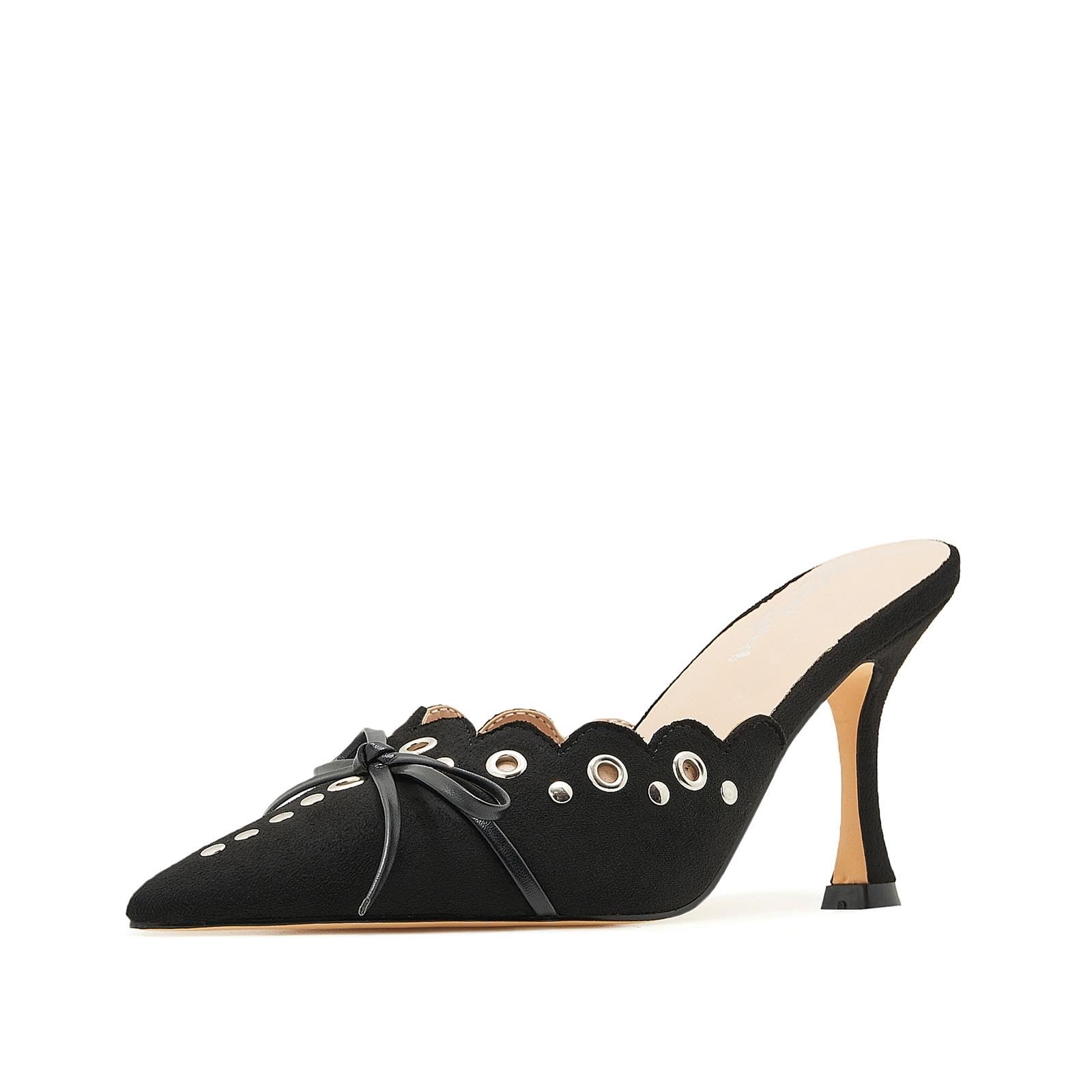 AmoreParis Bow Tie Heeled Mules Studs Pumps Pointy Kitten Heel Dress Heels