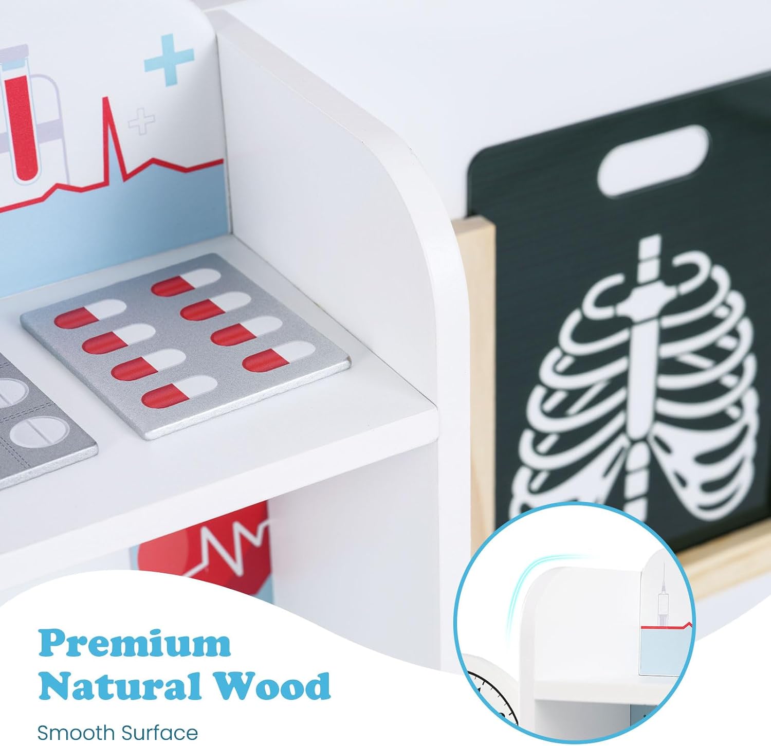 INFANS Kids Doctor Playset, Wooden Pretend Medical Station Activity Center Toy Set with 26 Interactive Veterinarian Accessories, Nurse Uniform X-Ray Film Stethoscope ECG Monitor for Toddler