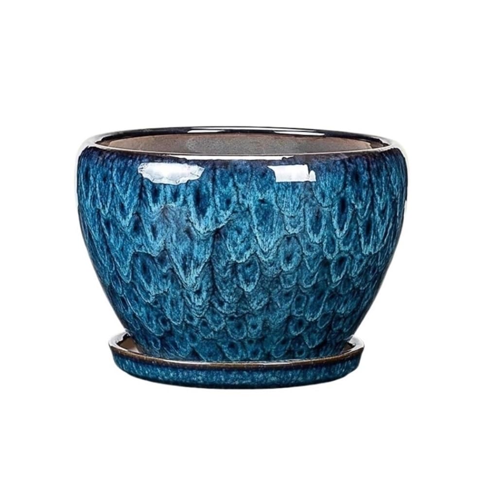 Vaso for fiori in smalto ceramico, con foro di drenaggio e vaso for fiori rotondo con pallet for vaso da fiori for piante da interno ed esterno(Blue,Small)