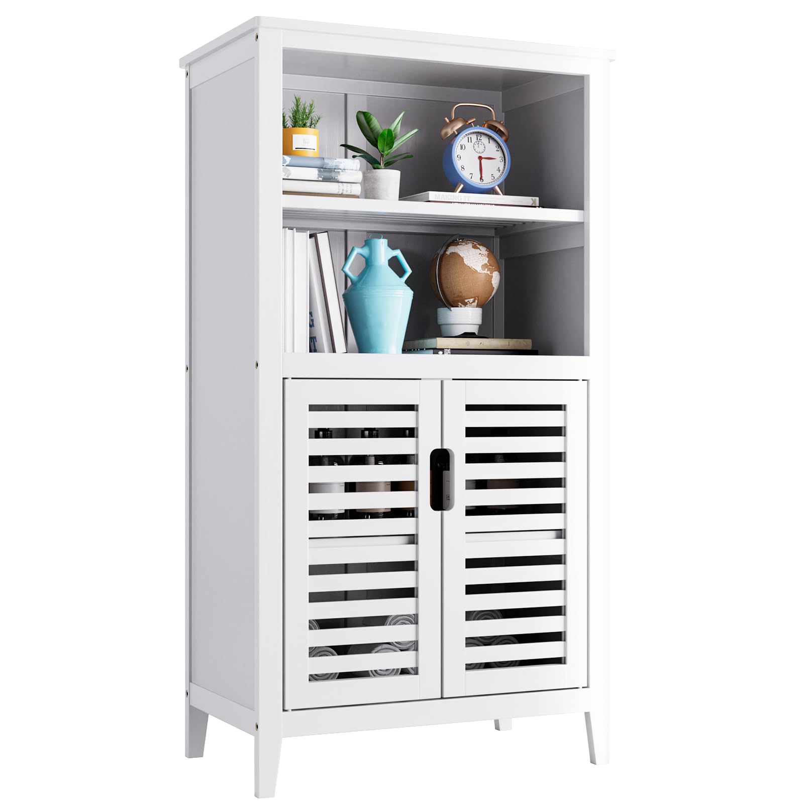 HITNET Bathroom Floor Storage Cabinet, Bamboo Freestanding Kitchen Organizer Rack with Double Doors and 2 Removable Shelves, White