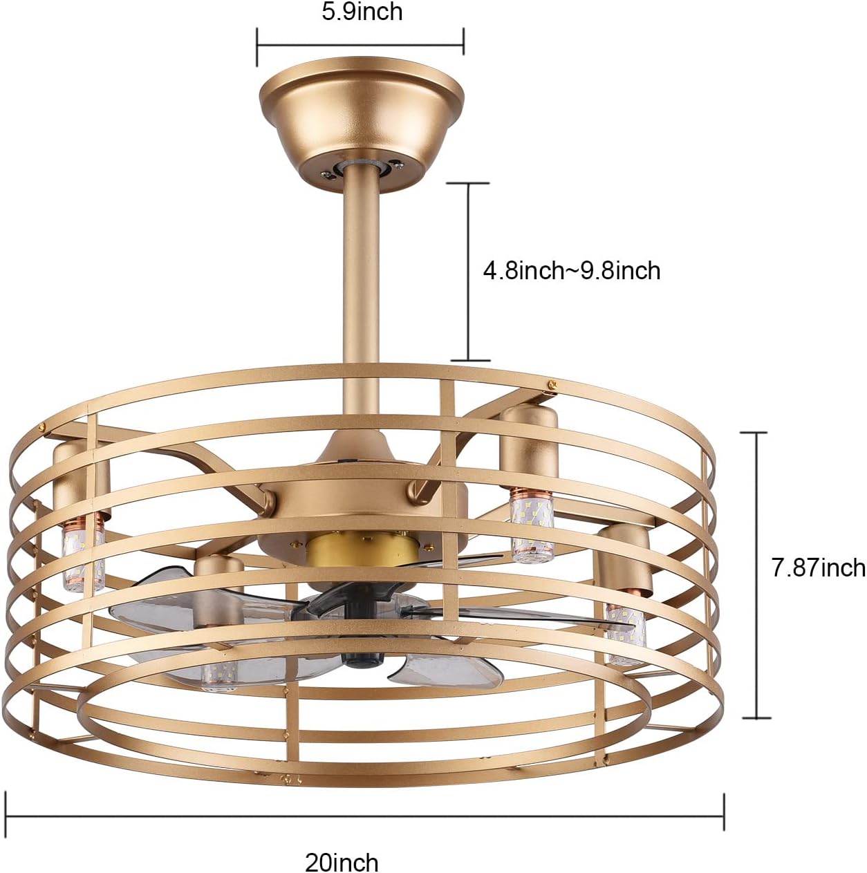 OUKANING Caged Invisible Ceiling Fan with Light, 3 Speeds Adjustable,Enclosed Ceiling Fan Lights with Remote, Industrial Low Profile Fans for Living Room, Bedroom, Kitchen (Gold, 20)