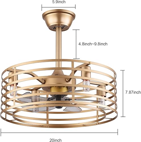 Vista 4 de Lámpara de araña de metal retro de 20 pulgadas, con enjaulado, industrial, 3 velocidades, ajustable, con control remoto, montaje empotrado, 40 W