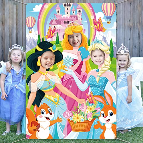 DPKOW Princesse Photo Bannière pour Enfants Filles, Drôle Visage Jeu Photo Booth Props Princesse Porte Bannière pour Filles Décorations de Fête d'anniversaire Princesse, Princesse Fond Décorations