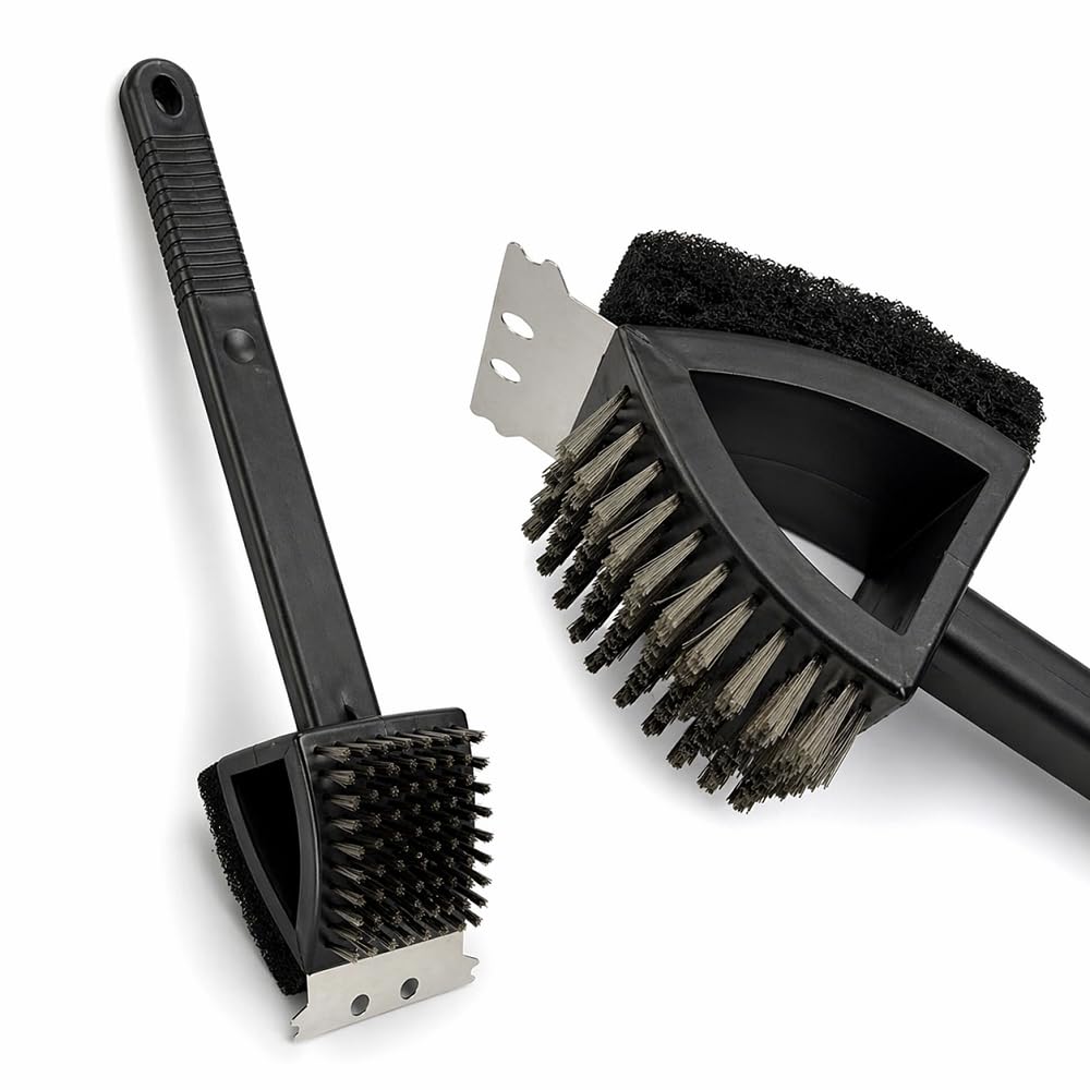 Lizzy 3-in-1 BBQ Cleaning Brush with Scraper – Heavy Duty Grill Brush & Scrubber for Barbecue Grates, Wire Bristle Cleaner with Long Handle for Outdoor Grill, Garden, Camping & Kitchen Use