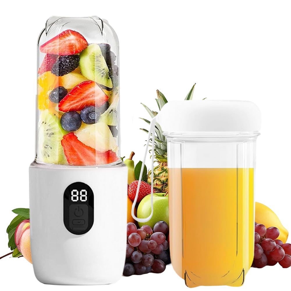 Portable Mini Blender, 400ml Portable Mini Juice Blender, Portable Cup Blender, USB Rechargeable Smoothie Blender with 16 Blades, Portable Blender for Sports, Travel, Hiking (White)