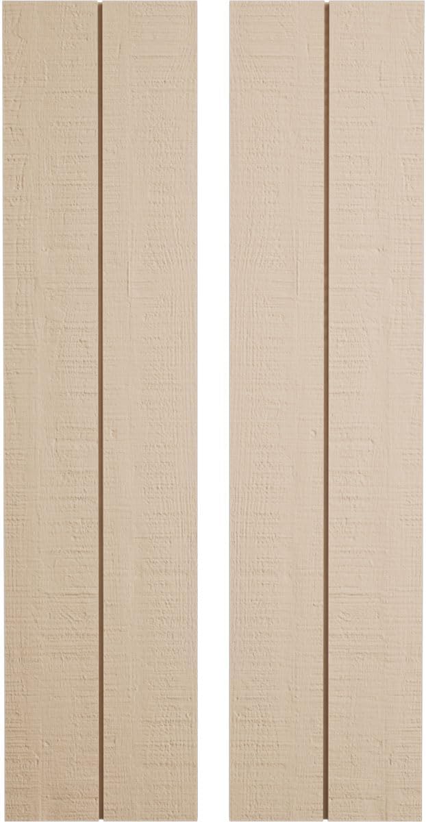 Ekena Millwork 11"W x 52"H Rustic Two Board Joined Board-n-Batten Rough Cedar Faux Wood Shutters w/No Batten (Per Pair), Primed Tan