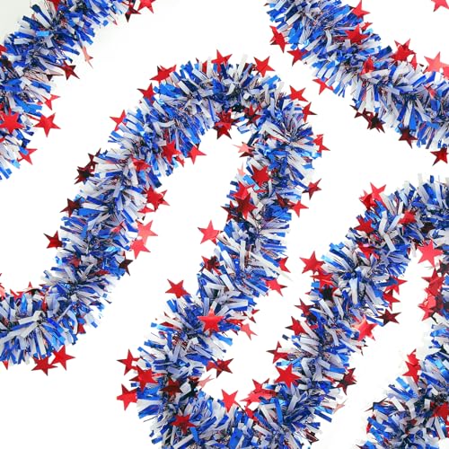 Gloreyan 33Ft 4Th Of July Patriotic Tinsel Garland Red White Blue Metallic Twist Foil Tinsel Garland With Star Shiny Hanging Decorations For Independence Day Memorial Day Celebration Party Decoration