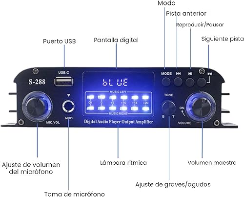 Miniatura 2 de Amplificador estéreo Bluetooth 5.0 de 4 canales, amplificador de potencia HiFi de 50 Wx4, 1200 W máximo, USB/SD/FM, receptor de audio doméstico