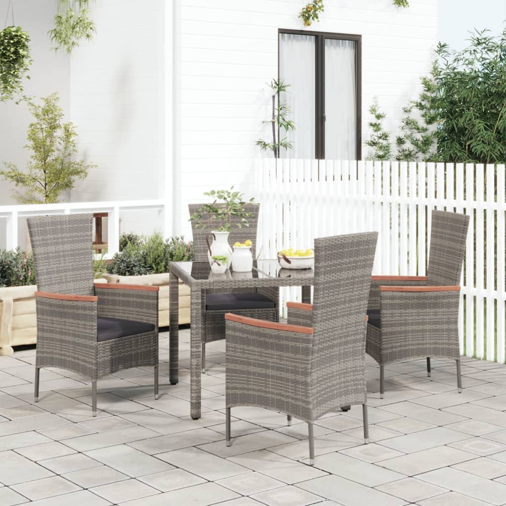 Fengshui Set di 4 sedie da giardino in polyrattan grigio con cuscino | telaio in acciaio, braccioli in legno di acacia, cuscino spesso imbottito, facile da pulire
