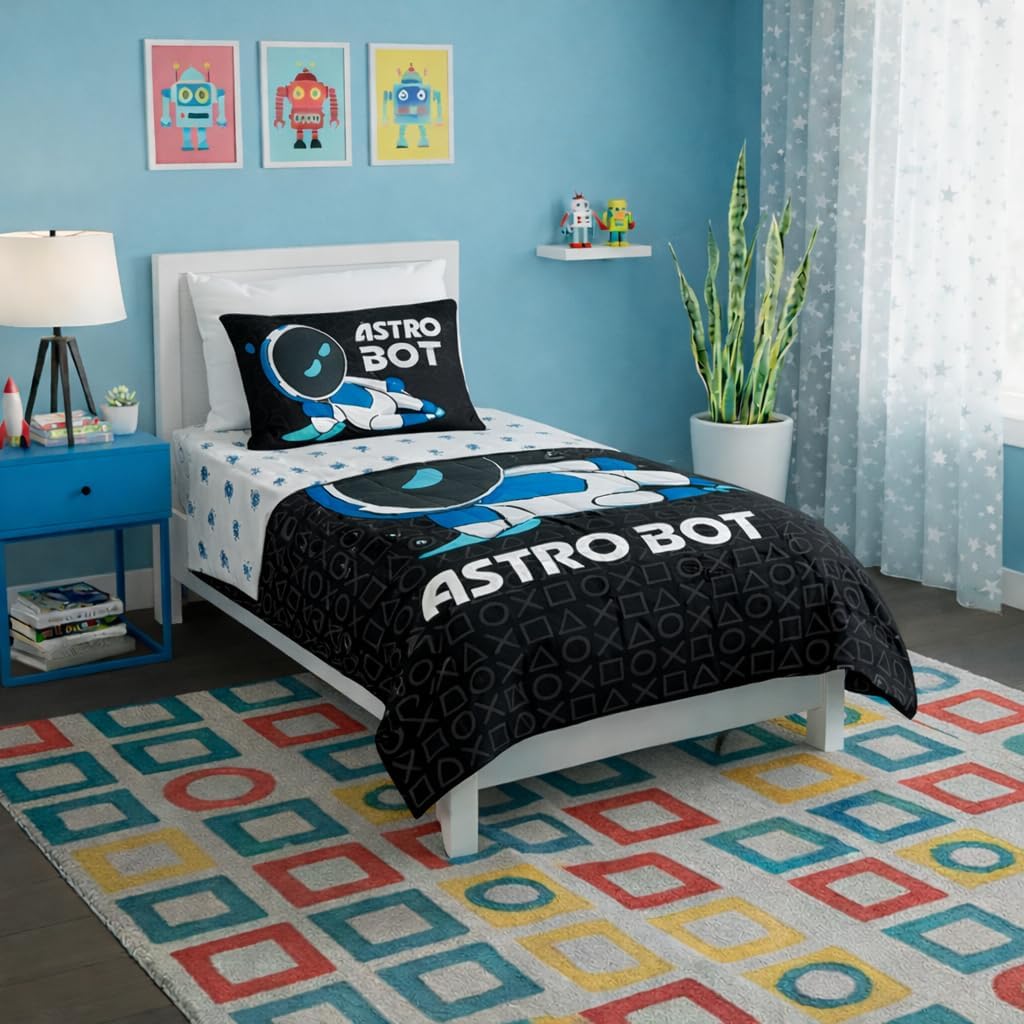 Northwest Sony PlayStation Astro Bot Twin Bedding Bundle – 64 x 86 Inches Reversible Comforter, Flat Sheet, Fitted Sheet, 1 Pillowcase – Bed in a Bag Set, Relax Bot | Reversible