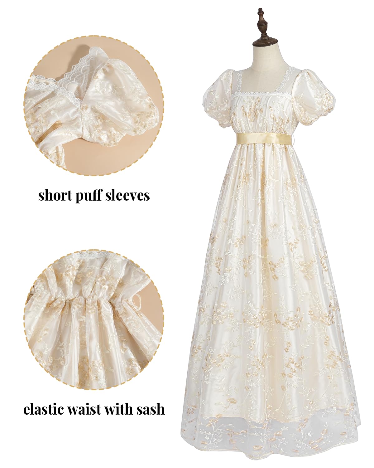 CR ROLECOS Golden Regency Dresses for Women Plus Size Victorian Ball Gown with Long White Gloves XL, Golden Dress+gloves - Image 3